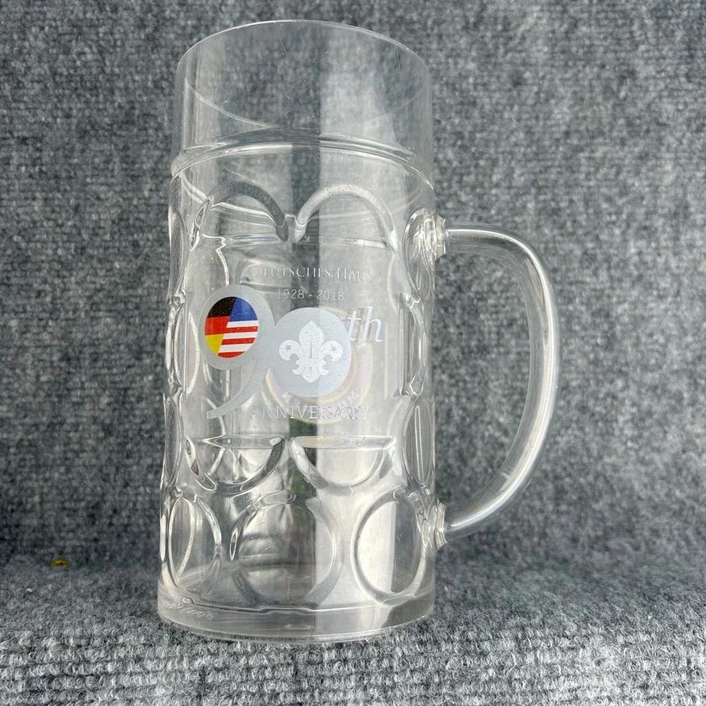Paulaner Munchen Plastic Beer Stein Mug Made in US Deutsches Haus 90th Ann Clear
